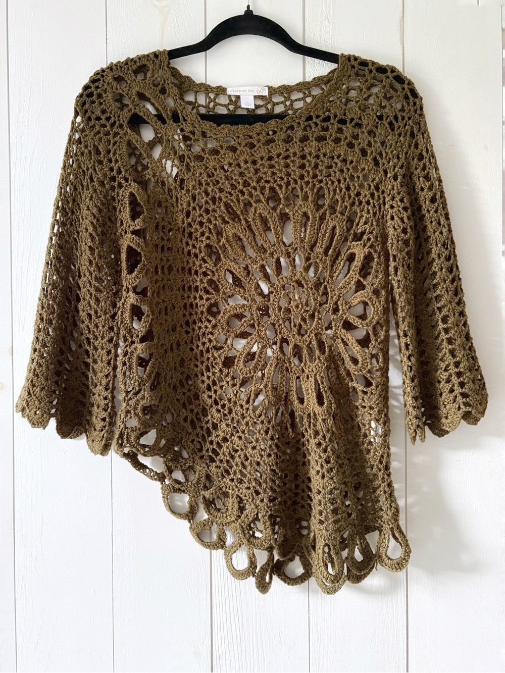 Westport 1962 Olive Green Boho Crochet Asymmetrical Coverup Top Size Small